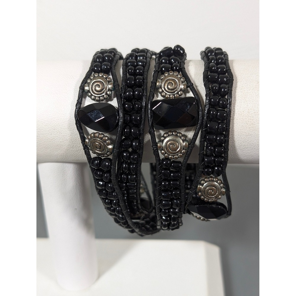 Artisan Black Glass Beaded Leather Wrap Bracelet 28 in Boho Goth Statement